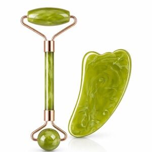 Jade Roller & Gua Sha Set Green Facial Massager Lymphatic Drainage Tool NWT